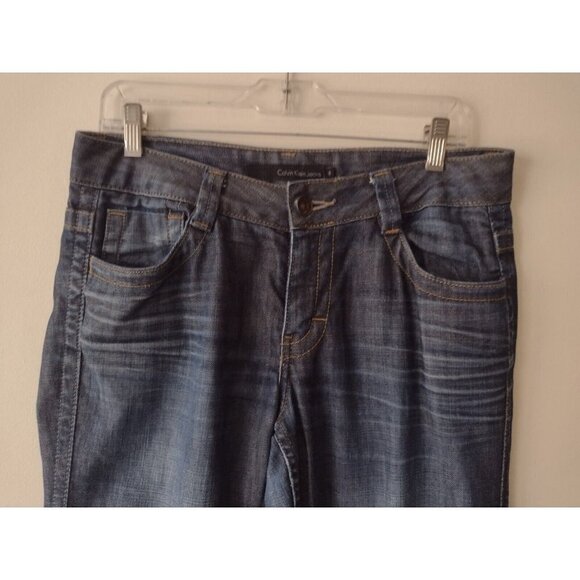 Calvin Klein Lean Bootcut Jeans Women's 8 Blue Mid Rise Stretch 33x32 Whiskered - Picture 6 of 16
